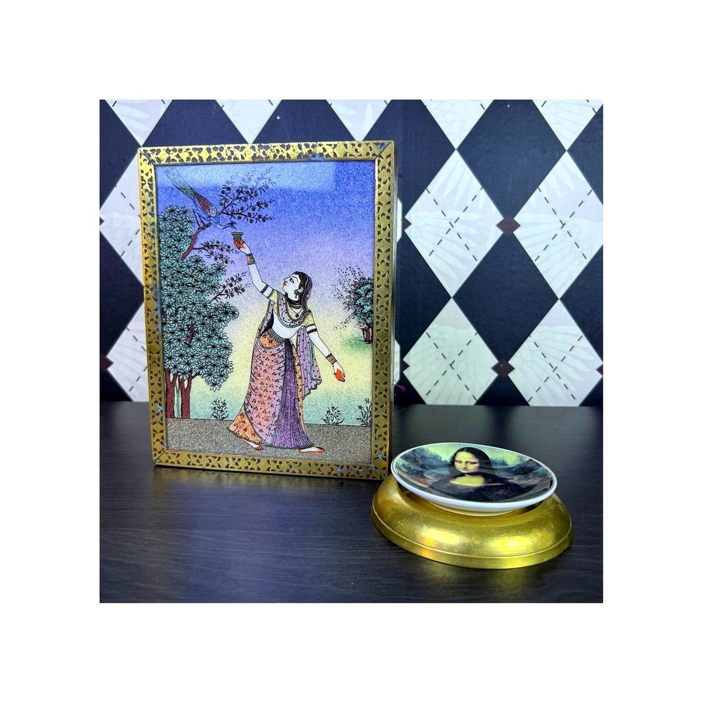 Vintage Indian Hand Painted Jewelry Box Velvet Lined Brass Inlay 8.5x6.5 Inch